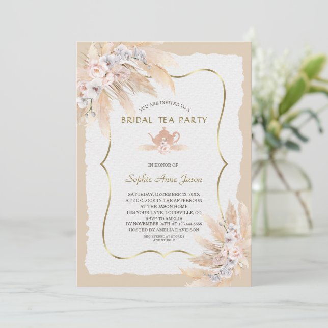 Invitación Charm Pampas Grass Orchid Roses Bridal Tea Party  (Anverso de pie)