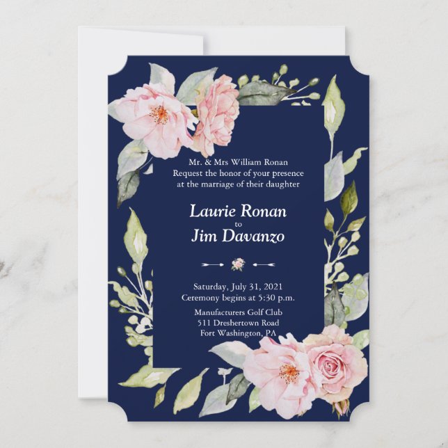 Invitación Charm Pink Floral Bloom Navy Blue Boda Formal (Anverso)