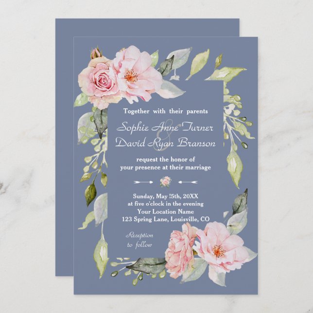 Invitación Charm Pink Floral Dusty Blue Boda (Anverso / Reverso)