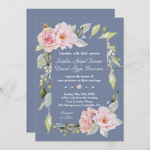 Invitación Charm Pink Floral Dusty Blue Boda