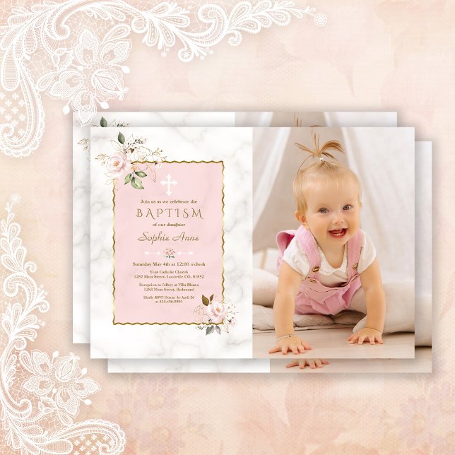 Invitación Charm Pink Flowers Gold Chica Foto Bautismo (Subido por el creador)
