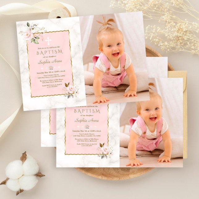 Invitación Charm Pink Flowers Gold Chica Foto Bautismo (Subido por el creador)