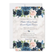 Charm Pink Navy Blue Floral Bloom Boda de Mármol