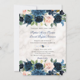 Invitación Charm Pink Navy Blue Floral Bloom Boda de Mármol