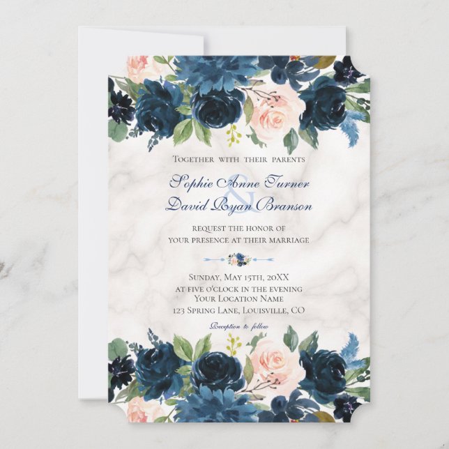 Invitación Charm Pink Navy Blue Floral Bloom Boda de Mármol (Anverso)
