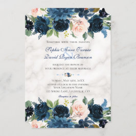 Invitación Charm Pink Navy Blue Floral Bloom Boda de Mármol