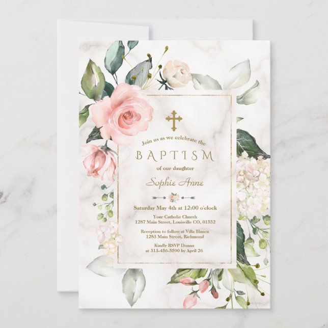 Invitación Charm Pink Rubor Cream Floral Marble Gold Baptism (Anverso)