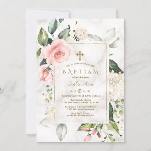 Invitación Charm Pink Rubor Cream Floral Marble Gold Baptism