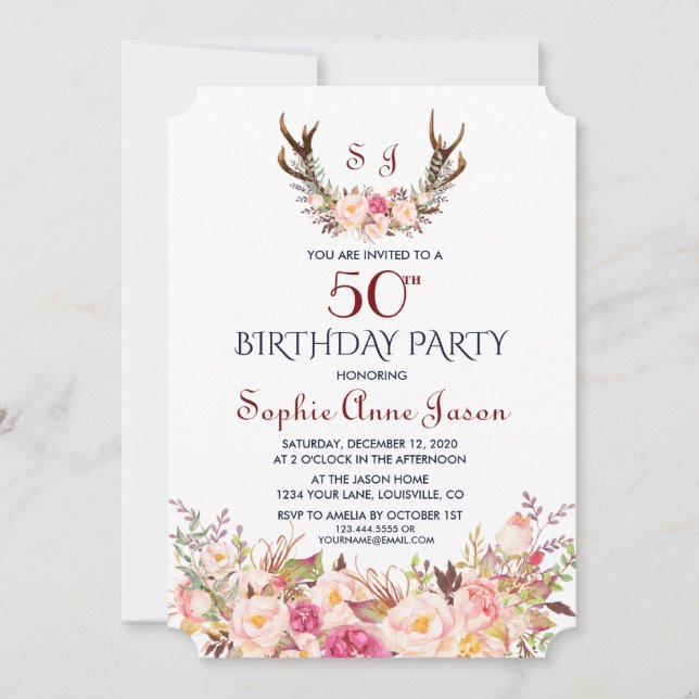 Invitación Charm Pink Rubor Floral Antlers 50 cumpleaños (Anverso)