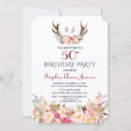 Invitación Charm Pink Rubor Floral Antlers 50 cumpleaños
