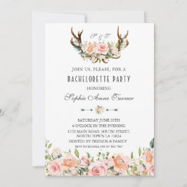Invitación Charm Pink Rubor Floral Antlers Bachelorette Party
