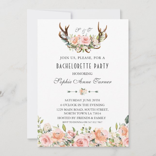 Invitación Charm Pink Rubor Floral Antlers Bachelorette Party (Anverso)