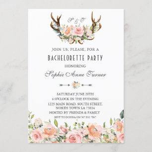 Invitación Charm Pink Rubor Floral Antlers Bachelorette Party
