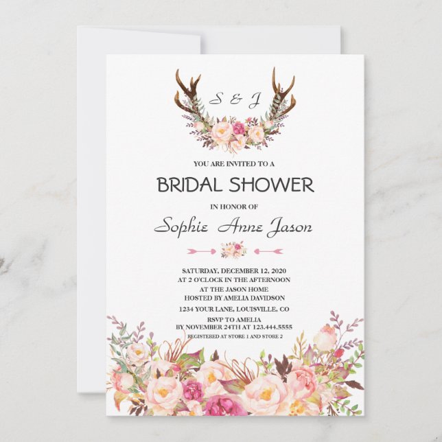 Invitación Charm Pink Rubor Floral Antlers Bridal Shower (Anverso)