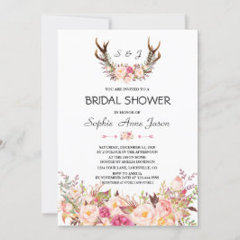 Invitación Charm Pink Rubor Floral Antlers Bridal Shower