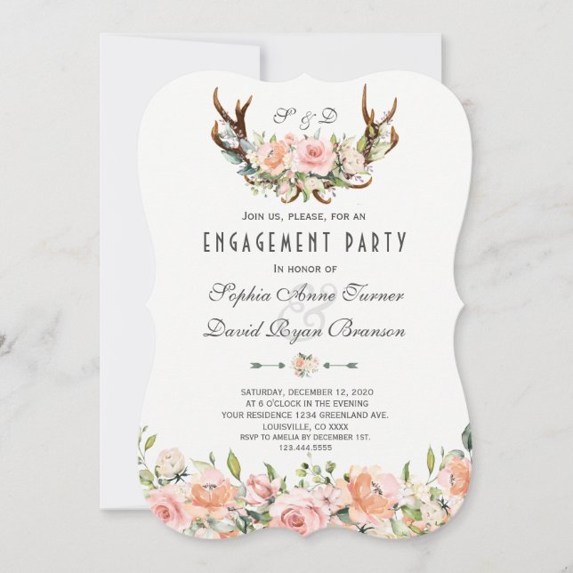 Invitación Charm Pink Rubor Floral Antlers Engagement Party (Anverso)