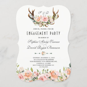 Invitación Charm Pink Rubor Floral Antlers Engagement Party