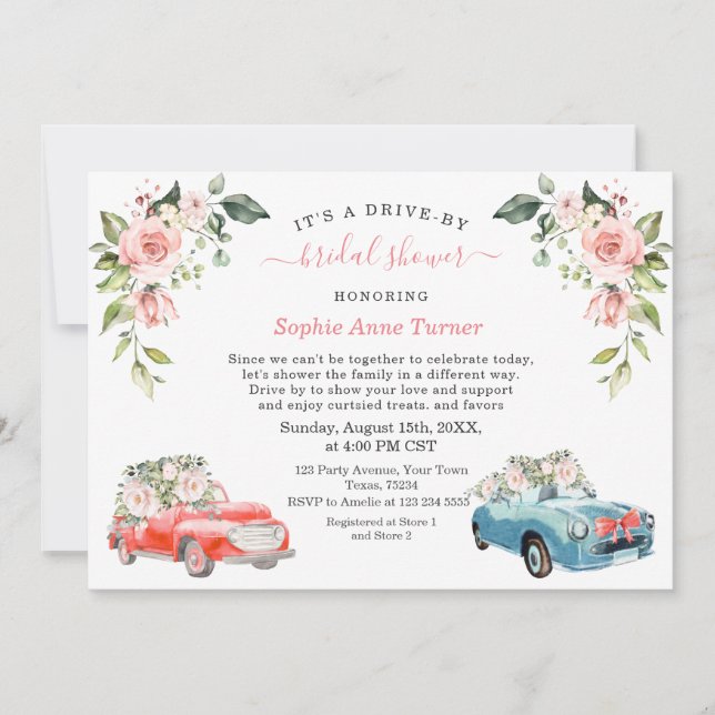Invitación Charm Pink Rubor Floral Bridal Shower Drive By (Anverso)