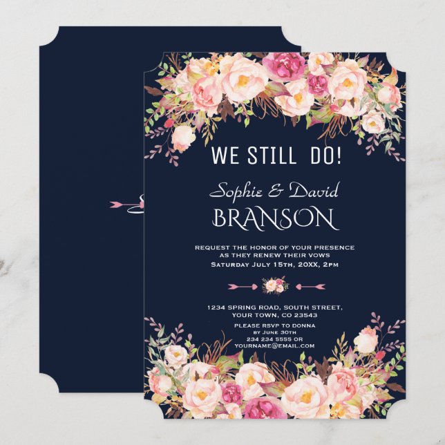Invitación Charm Pink Rubor Floral Dark Blue AÚN LO HACEMOS (Anverso / Reverso)