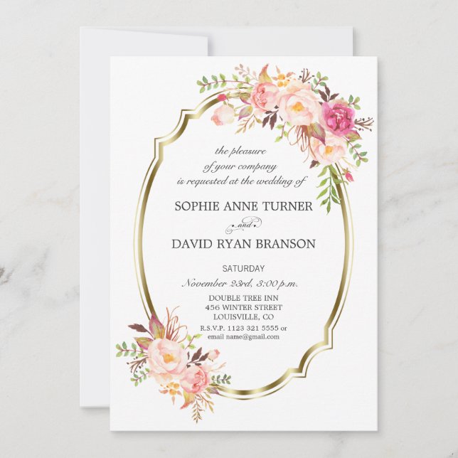 Invitación Charm Pink Rubor Floral Gold Frame Boda (Anverso)