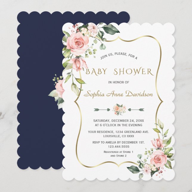 Invitación Charm Pink Rubor Flores Gold Frame Baby Shower (Anverso / Reverso)