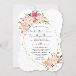 Invitación Charm Pink Rubor Flores Gold Frame Boda