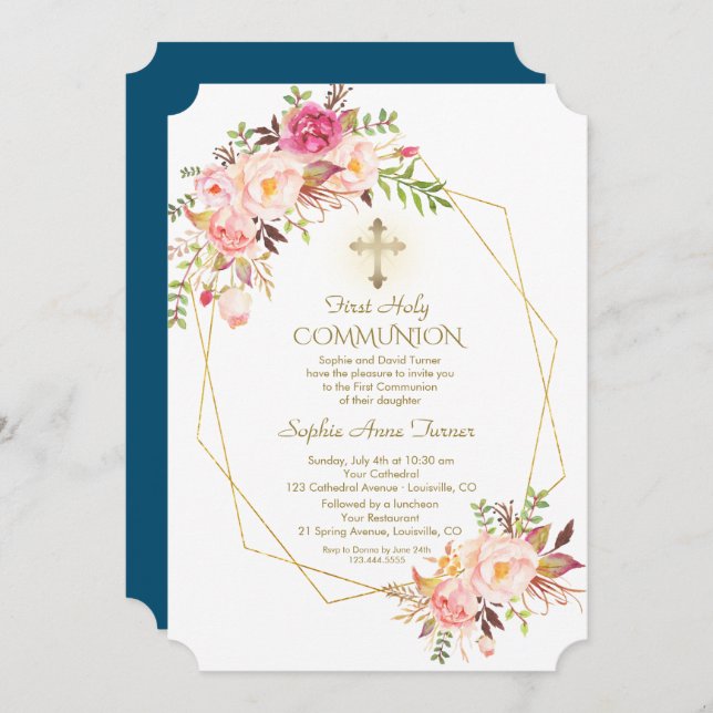 Invitación Charm Pink Rubor Flores Gold Frame Santa Comunión (Anverso / Reverso)