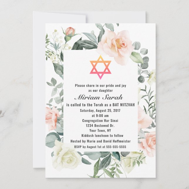 Invitación Charm Pink Rubor Flowers Star of David Bat Mitzvah (Anverso)