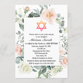 Invitación Charm Pink Rubor Flowers Star of David Bat Mitzvah