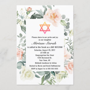 Invitación Charm Pink Rubor Flowers Star of David Bat Mitzvah