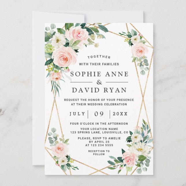 Invitación Charm Pink Rubor White Flowers Boda de oro (Anverso)