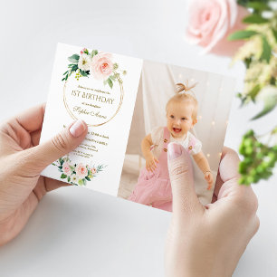 Invitación Charm Pink White Floral Chica Foto Primer cumpleañ