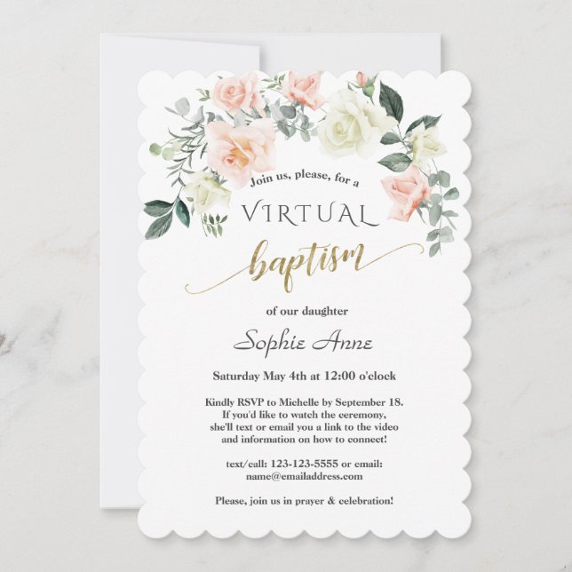 Invitación Charm Pink White Flores Gold Bautismo virtual (Anverso)