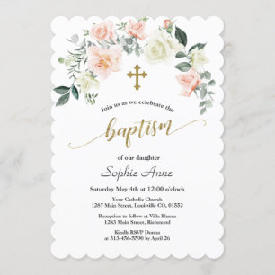 Invitación Charm Pink White Flores Gold Cross Baptism