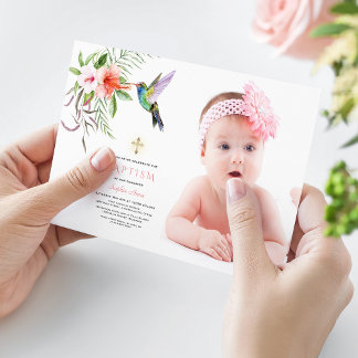 Invitación Charm Pink White Hibiscus Photo Chica Gold Baptism