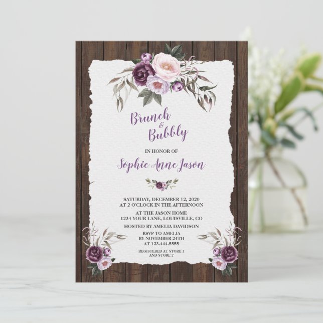 Invitación Charm Purple Pink Floral Barn Bridal (Anverso de pie)