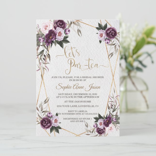 Invitación Charm Púrpura Peony Floral Gold Bridal Ducha (Anverso de pie)
