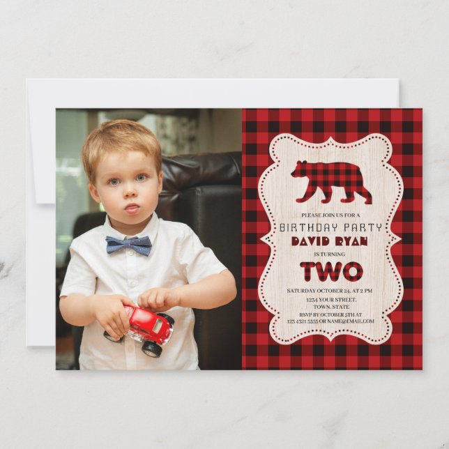 Invitación Charm Red Buffalo Lumberjack Foto 2º cumpleaños (Anverso)