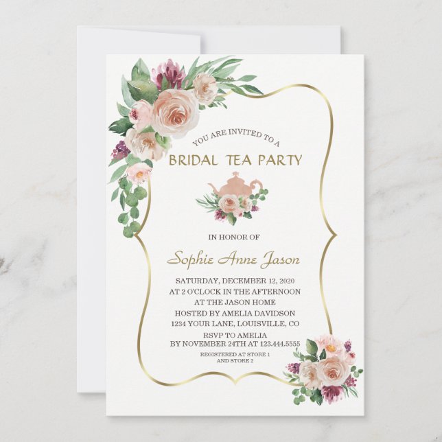 Invitación Charm Rubor Champagne Floral Gold Bridal Tea Fiest (Anverso)