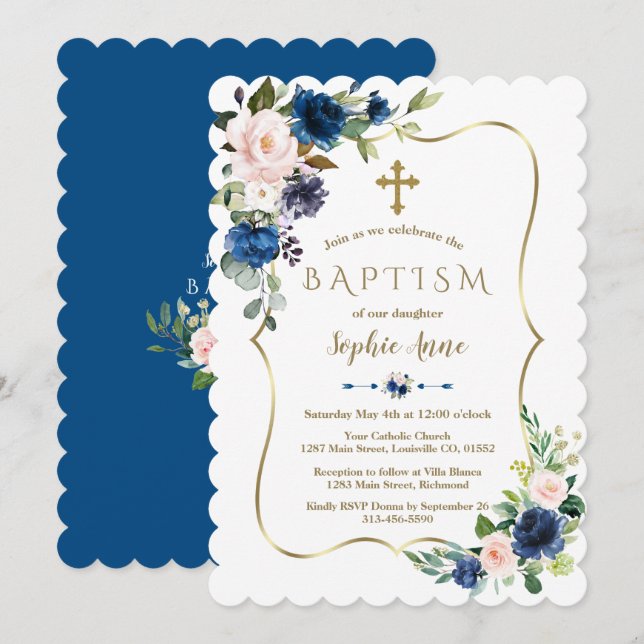 Invitación Charm Rubor Classic Blue Flowers Gold Chica Baptis (Anverso / Reverso)