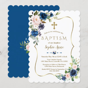 Invitación Charm Rubor Classic Blue Flowers Gold Chica Baptis