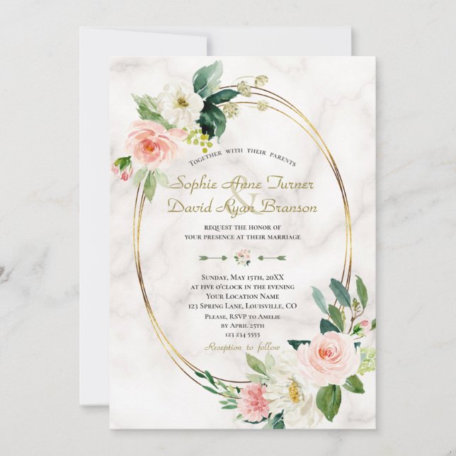 Invitación Charm Rubor Cream Flowers Marble Gold Boda (Anverso)