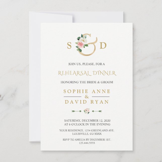Invitación Charm Rubor Floral Gold Ampersand Rehearner Dinner (Anverso)