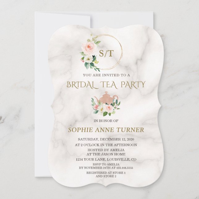 Invitación Charm Rubor Floral Gold Frame Marble Bridal Shower (Anverso)