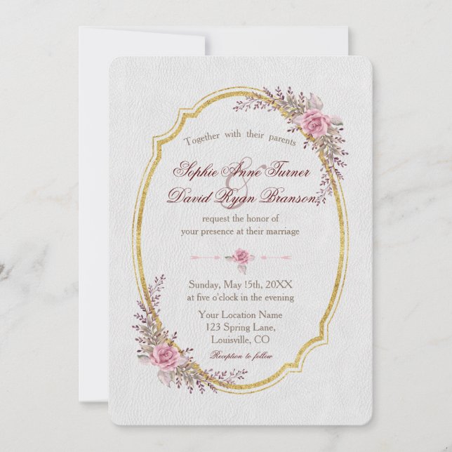 Invitación Charm Rubor Floral Gold Frame White Wedding Invite (Anverso)