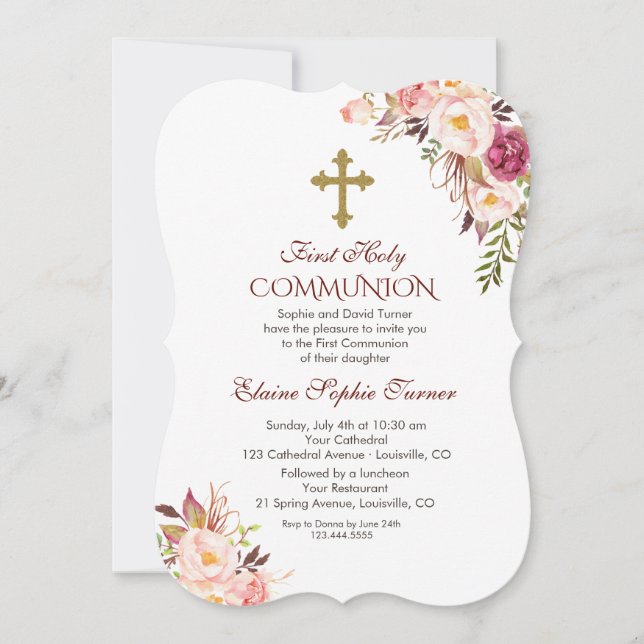 Invitación Charm Rubor Floral rosa primera comunión sagrada (Anverso)