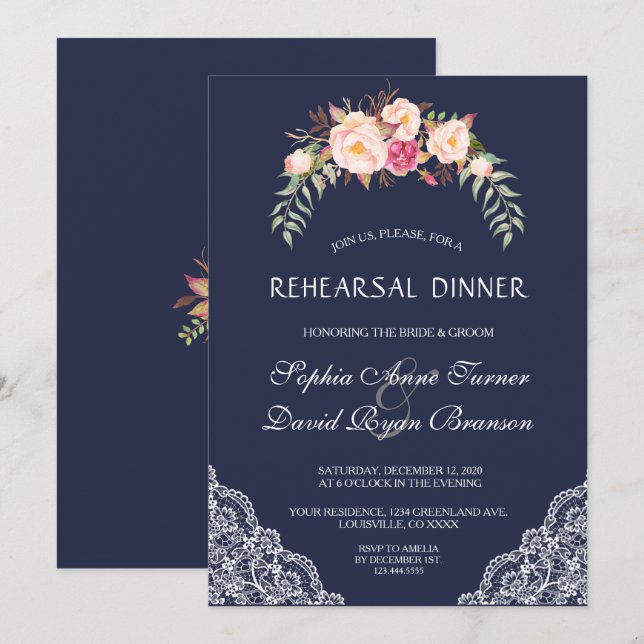 Invitación Charm Rubor Flores rosas Ensayo de encaje Cena (Anverso / Reverso)