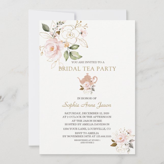 Invitación Charm Rubor Gold Floral Bridal Shower Tea Fiesta (Anverso)
