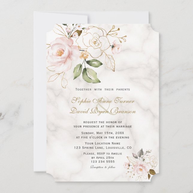 Invitación Charm Rubor Gold Flowers Monograma Boda (Anverso)