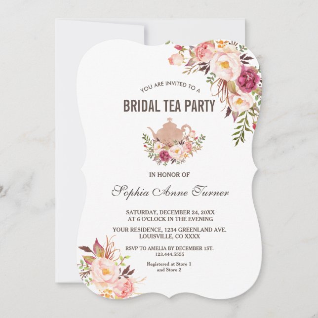 Invitación Charm Rubor Pink Floral Bridal Shower Tea Fiesta (Anverso)